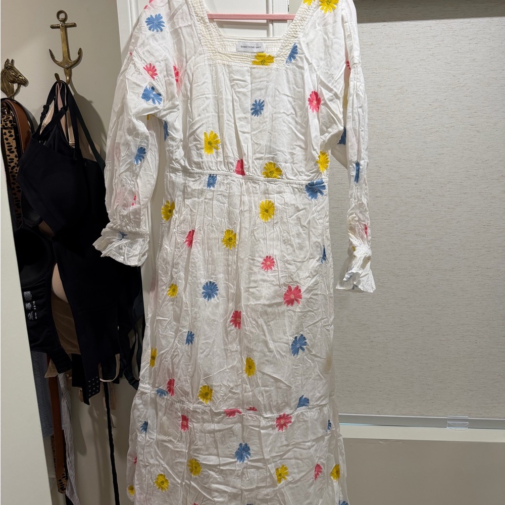 Something Navy White Midi Dress with Pink, Yellow & Blue Floral Embroidery